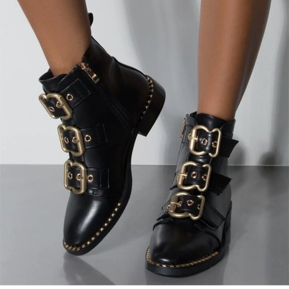 Mimosa Leather Biker Buckles Spikes Combat Ankle Boots Moto Booties Round Toe 37